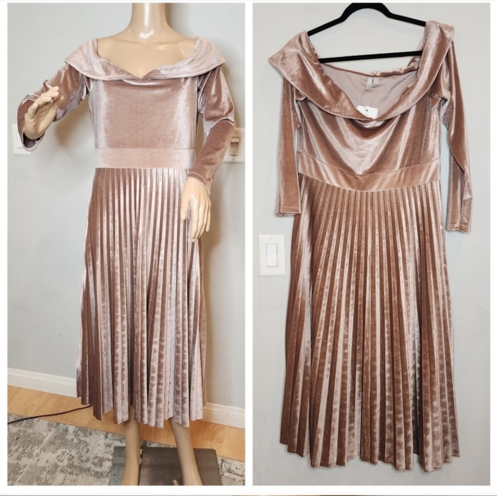 NWT ASOS pleated velvet bardot midi dress blush pink size 12 - Picture 2 of 2